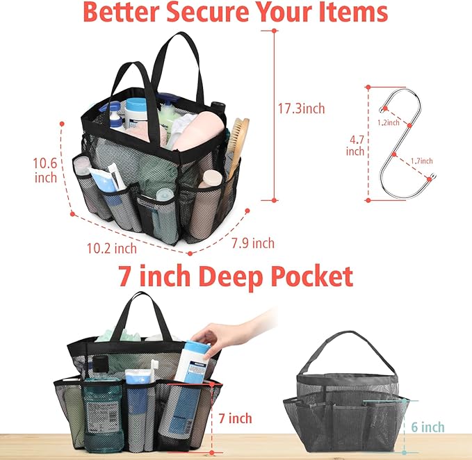 F-color Mesh Shower Caddy Portable - 2 Handles Upgrade Deeper 7 Pockets Basket Bag Tote for College Dorm Room Toiletry Bathroom Essentials Gym Camp Quick Dry with S Hook, 2 Pack, Black & Mint Green