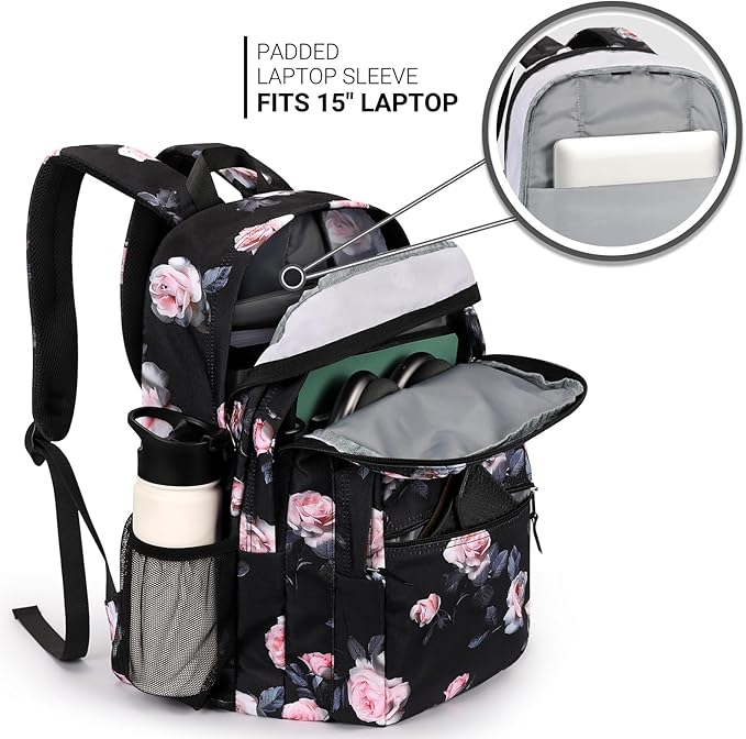 ZORFIN 26L Backpack for College, and Travel: Water Resistant Bookbag - Rose Black