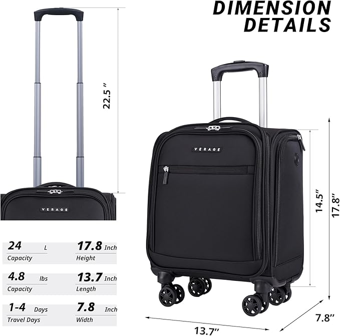 Verage Underseat Carry On Luggage with Wheels, 14.5-Inch Spinner Small Suitcase, Softside Lightweight Travel Bag for Men and Women, Airplane Carry On Bag, Black