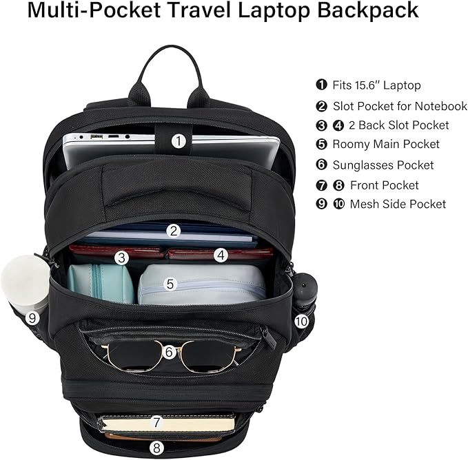 Hanke College Laptop Backpack Multi-Pocket, 18-Inch Large Travel Backpack for Men Women, Water Resistant College Bookbag for 15.6 Inch Laptop, Casual Daily Personal Item Size Airline Approved,Black