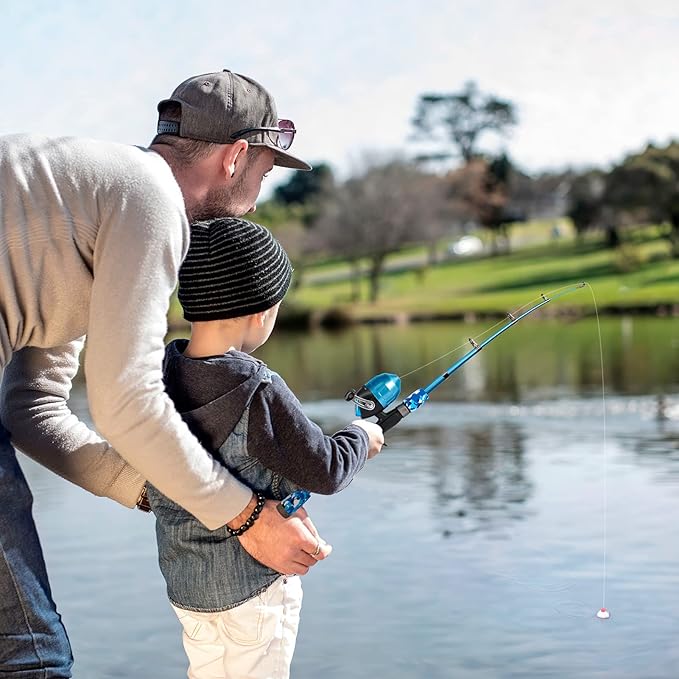 PLUSINNO Kids Fishing Pole with Spincast Reel Telescopic Fishing Rod Combo Full Kits for Boys, Girls, and Adults