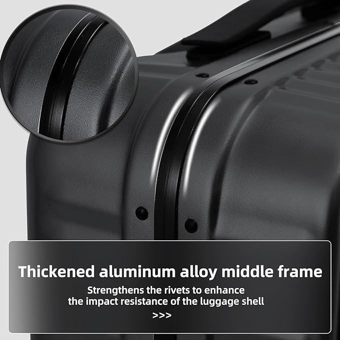 29 Inch Aluminum Checked Luggage with Side Opening Zipper, 40 * 37 * 77cm, 113L, Lightweight Hardshell ABS+PC Suitcase with TSA Lock, 360° Universal Wheels, Black