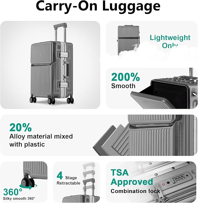 Hard Shell Luggage 24 Inch Travel Luggage, Carry-On Luggage Spinner TSA with Lid, ABS Aluminum Frame，Lightweight Travel Luggage 20'' 24'' 26''Carry-On (upgraded grey, 24 inch)