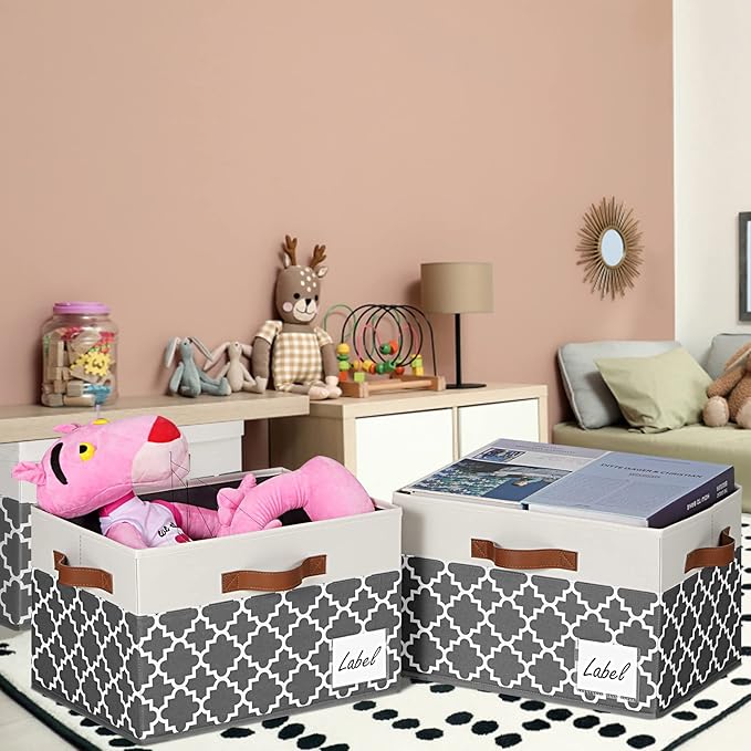 GhvyenntteS Extra Large Storage Bins with Lids, Foldable Fabric Storage Boxes with Lids and 3 Leather Handles, Storage Baskets with Label Window (6 Pack, Grey&Black, 15.75x11.8x10.2)