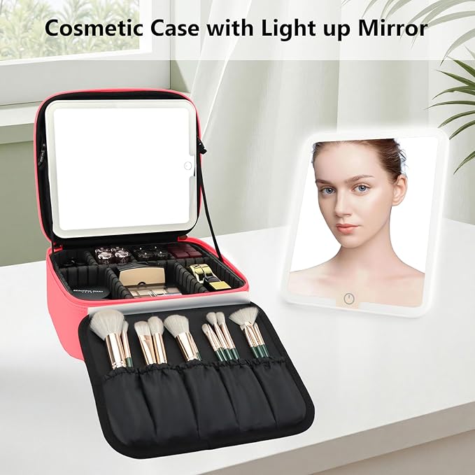 Travel Makeup Bag with LED Mirror Travel Makeup Organizer with 3 Lighted Settings, Adjustable Dividers and Makeup Brush Storage Bag Light Red