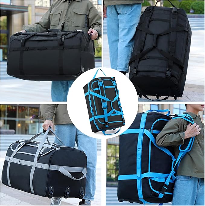 Foldable Rolling Duffle Bag with Wheels, 85L Extra Large Wheeled Travel Duffel, Waterproof Collapsible Weekender Luggage with Rollers for Storage Camping Sports Outdoor, Blue