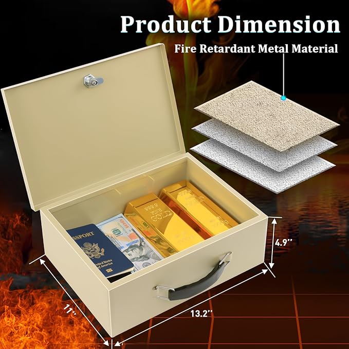 Dalmbox Portable Fire Safe Box with Key Lock, 13.2”x 11”x 5.1'', Fire Resistant Metal Storage Box, Lock Box for Documents, Safety Deposit Box for Home, Outside, Car, X Large, Sand