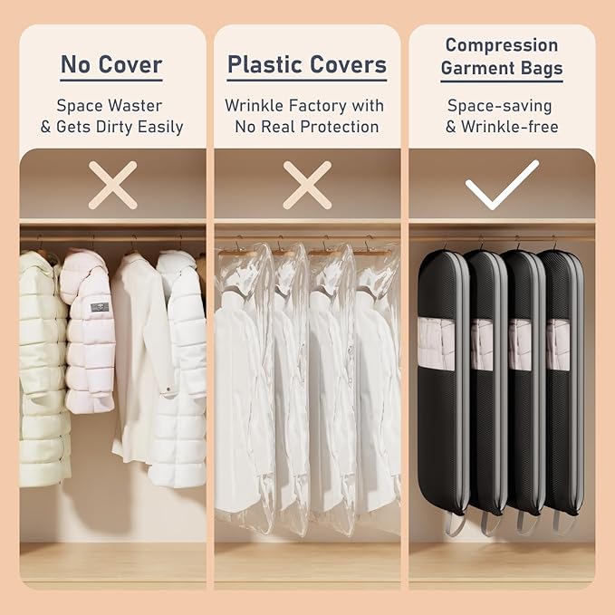 DIMJ 4 Pack 54" Garment Bags for Hanging Clothes - Space Saving Compression Suit Bag Travel with Handles Window, Washable Carry Clothing Storage Cover for Dress, Coats, Down Jacket, Shirts
