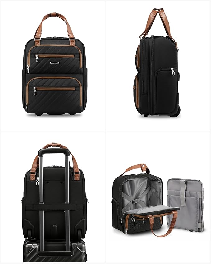 LUGGEX Underseat Carry On Luggage with Wheels, Stylish Lightweight Under Seat Luggage, Soft Sided Personal Item Suitcase for Short Trip (Chestnut Black, 16 Inch)
