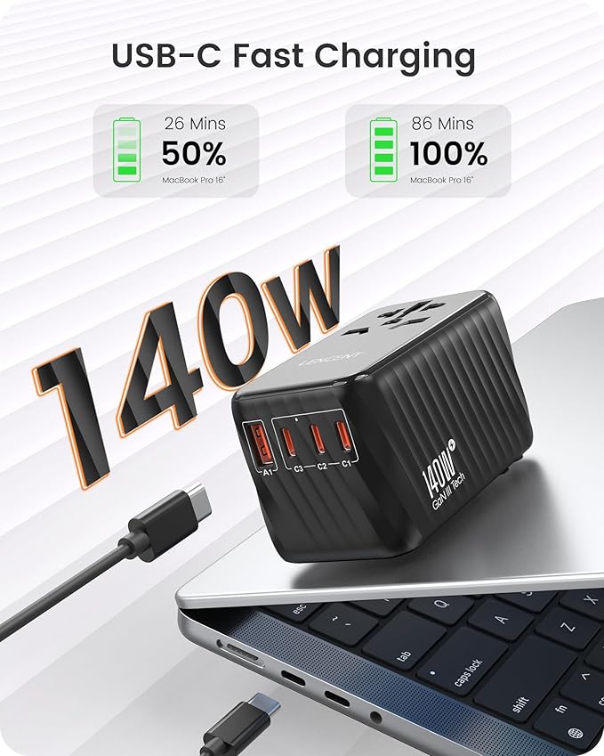 LENCENT 140W Universal Travel Adapter, International Plug Adaptor, GaN Fast Charger with 3 Type C+1 USB A, All in One Travel Essentials, Worldwide Outlet Converter for US to European EU UK AUS, Black