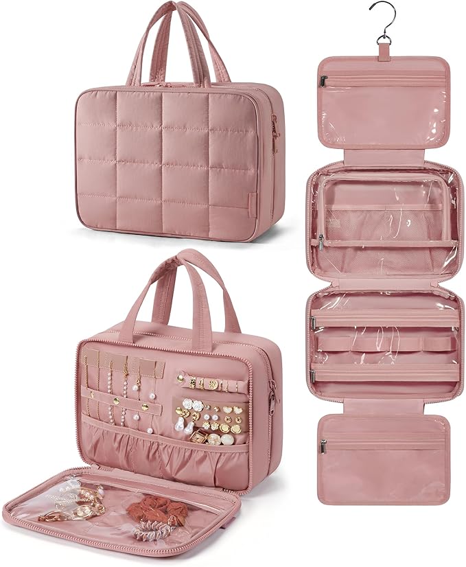 BAGSMART Travel Toiletry Bag with Jewelry Organizer, Hanging Travel Bag for Toiletries, Puffy Makeup Cosmetic Bag Organizer, Carry-on Travel Accessories Essentials, Dark Pink-M