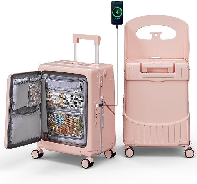 20" Hardshell Carry On Suitcase with Seat for Kids & Adults,Travel Luggage with Front Pocket & 4 Lockable Spinner Wheels, TSA Lock, USB Port, Luggage Cover, Safty Seatbelt