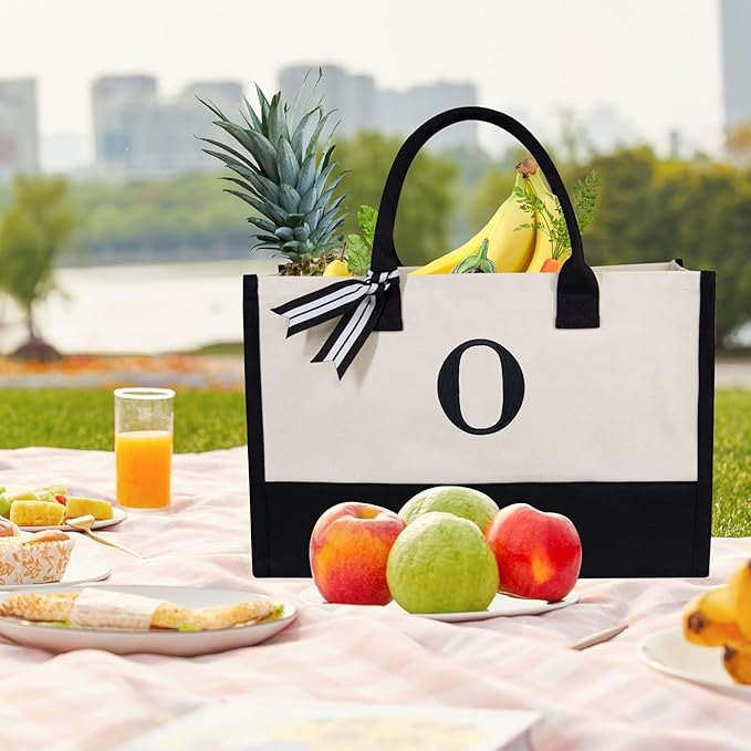 TOPDesign Embroidery Initial Canvas Tote Bag, Personalized Present Bag, Suitable for Wedding, Birthday, Beach, Holiday, is a Great Gift for Women, Mom, Teachers, Friends, Bridesmaids (Letter O)