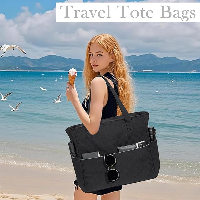 LEDAOU Beach Bag Waterproof Sandproof Women Tote Bag Pool Bag with Zipper for Gym Grocery Travel with Wet Pocket