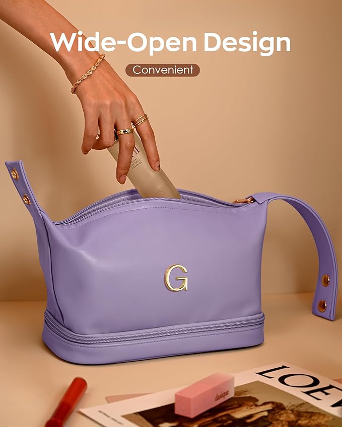 Letter Makeup Bags, Personalized Bags with Handle, Waterproof Double Layer Cosmetic Bag, Large Capacity PU Leather Makeup Bags Letter Travel Toiletry Bag with Makeup Brush Organizer