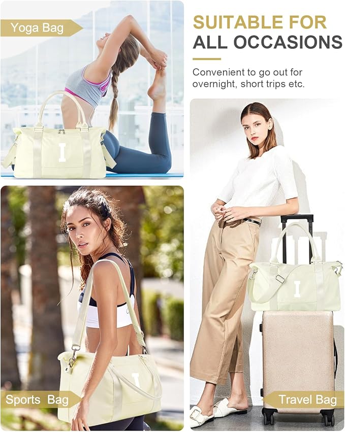 Initial Travel Duffel Bag Sports Gym Bag for Kids Teen Birthday Gifts,Beige Personalized Weekender Bag Carry On Dance Bags for Women Men,Waterproof Monogram Overnight Bag with Trolley Sleeve(Letter I)