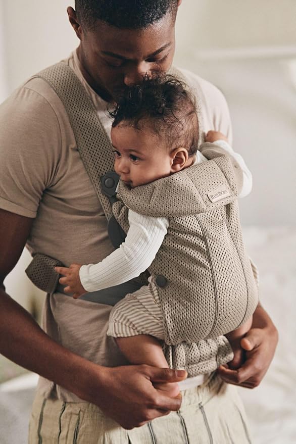 BabyBjörn Baby Carrier Mini, Gray Beige, 3D Mesh Newborn Carrier (7-25 lbs), Ergonomic, Easy-to-Use
