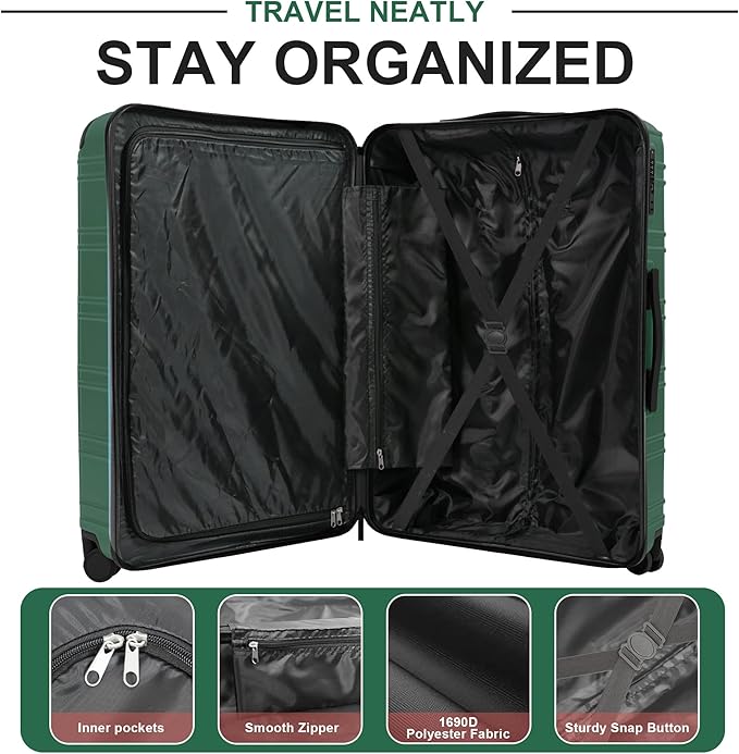 Luggage Sets 4 Piece, ABS PC Lightweight Suitcases with Wheels, Hardshell Luggage Sets Suitcase set with TSA Lock Green (12in 20in 24in 28in)