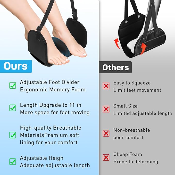 Airplane Foot Hammock, Foot Hammock for Travel Accessories with Ergonomic Removable Foot Divider Design, Airplane Foot Rest, Premium Comfortable Memory Foam & Hardboard for No Feet Clashing(Large)