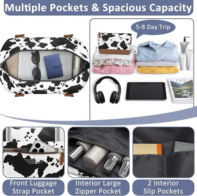 Travel Duffle Bag for Women, Weekender Bags, Hospital Bag for Labor Delivery, Lightweight Tote Duffel Overnight Bag with Luggage Sleeve, Airplane Travel Bags with Toiletry Bag, X-Large, Cow