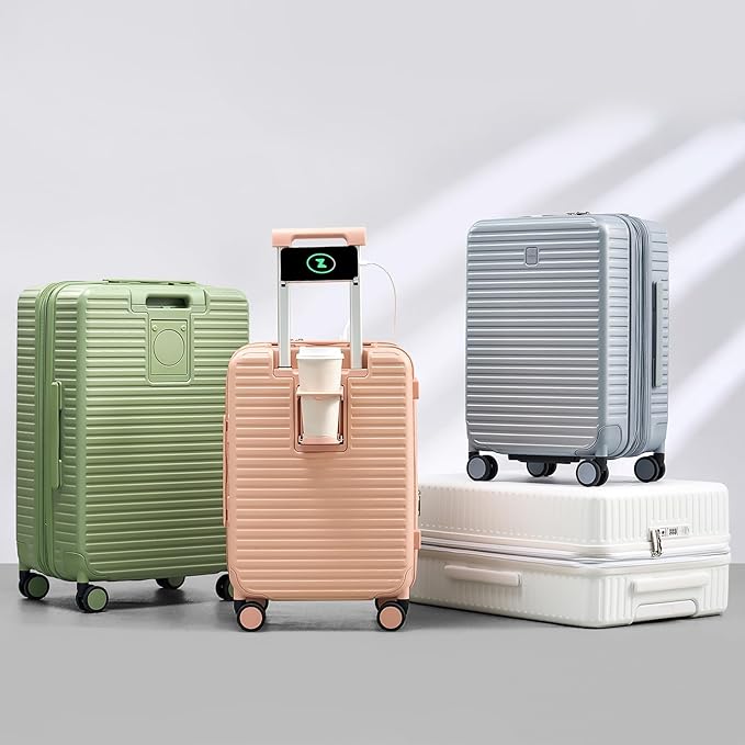 Hard Shell Suitcases Expandable Travel Luggage Sets 2 Piece, Carry on and Check in Luggage Lightweight Suitcase Set 2 Piece with Wheels Cup Holder Charger Built in (Bamboo Green, 20/28)