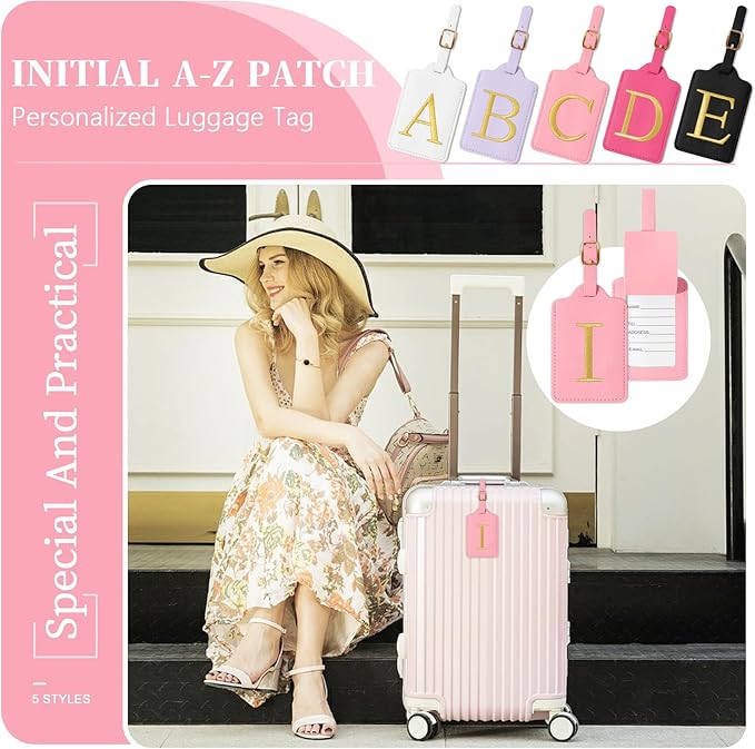 Personalized Initial Luggage Tags for Suitcase, Pink Leather Cute Luggage Tags with Privacy Cover Name Card, Embroidered Custom Monogrammed Luggage Tag Travel Bag Baggage Tags Gifts for Women Kids(I)