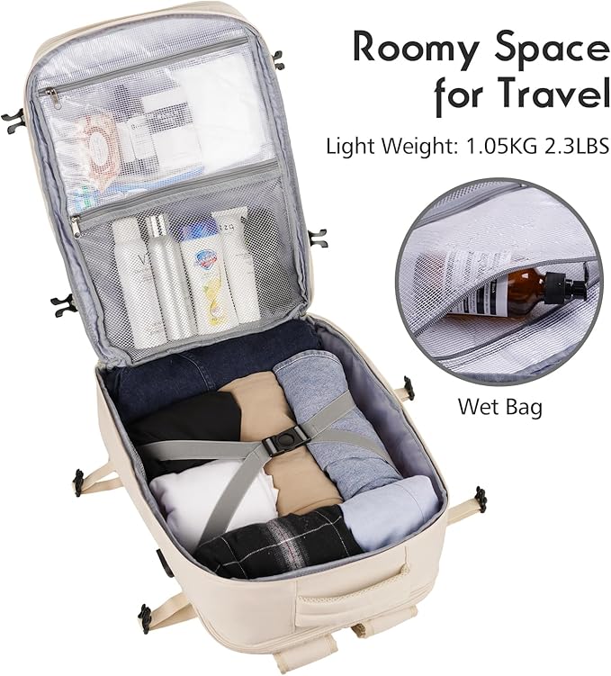 MOMUVO Large Travel Backpack Women, Flight Approved Carry On Backpack, Water Resistant Anti-Theft Large Casual Daypack Fit 17 Inch Laptop with USB Charging Port, Beige