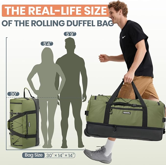 Fanwoli 30'' Rolling Duffel Bag with 2 Wheels - No-Sag Design for Heavy Loads, Expandable 100L-120L Waterproof Luggage, Foldable Lightweight Design with Muti Straps & Lock for Travel