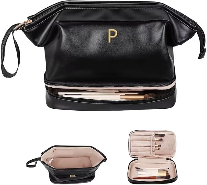 Girlfriend Gifts, Personalized Makeup Bag, Initial Double Layer Cosmetic Bag with Makeup Brush Organizer, PU Leather Travel Toiletry Bag Gifts for Women Her Friend Sister Mom Gifts