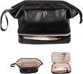 Girlfriend Gifts, Personalized Makeup Bag, Initial Double Layer Cosmetic Bag with Makeup Brush Organizer, PU Leather Travel Toiletry Bag Gifts for Women Her Friend Sister Mom Gifts