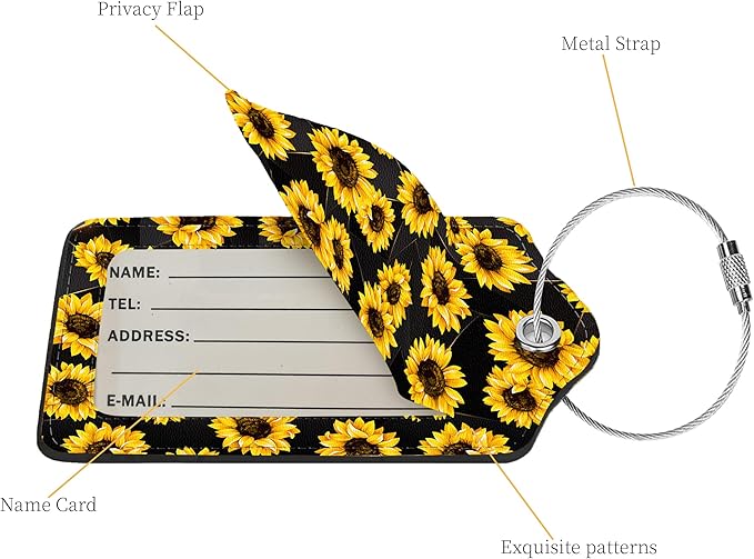 2 Pcs Luggage Tags for Suitcase, Cute Unique PU Leather Travel Bag Tag with Privacy Cover ID Label Address Card and Durable Metal Ring Suitable for Men Women Children Backpack,Sunflower