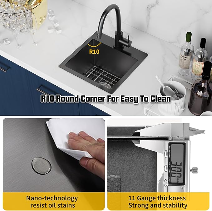 Small Black Kitchen Sink,15x15 Inch Stainless Steel Drop In Topmount Kitchen And Bar Sink Ideal Choice For For Small Space, Prep Area, RV With Bottom Grid,Soap Mat And Drain Assembly
