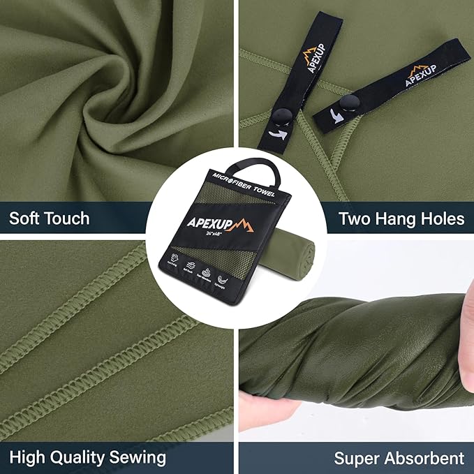 APEXUP Microfiber Travel Towel, Ultra Absorbent Quick Dry Towels, Lightweight Gym Sports Camping Towel for Workout, Yoga, Beach, Shower, Swimming (24"×12", Army Green)