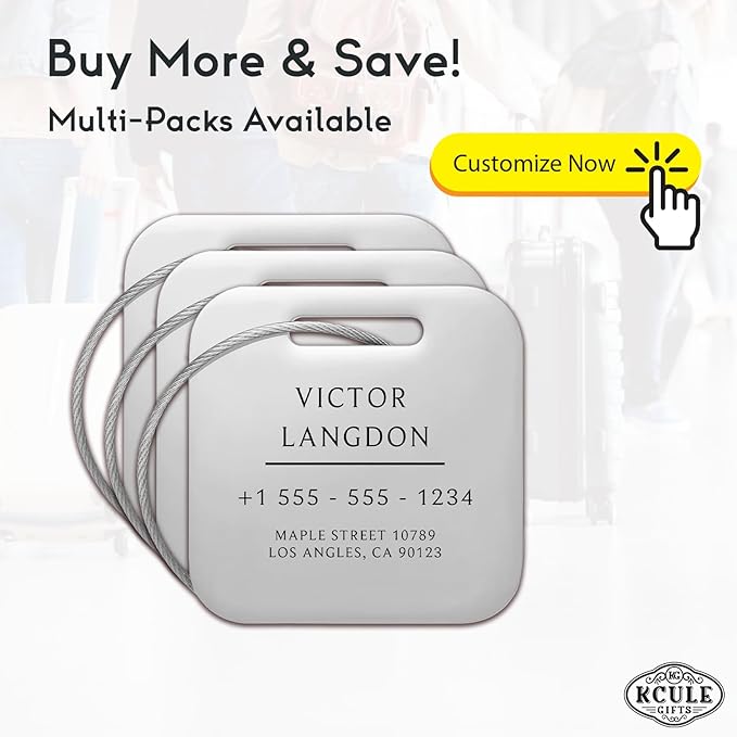 Stainless Luggage Tags for Suitcases: Metal Personalized Luggage Tags and Bags with Customizable Texts (Silver)