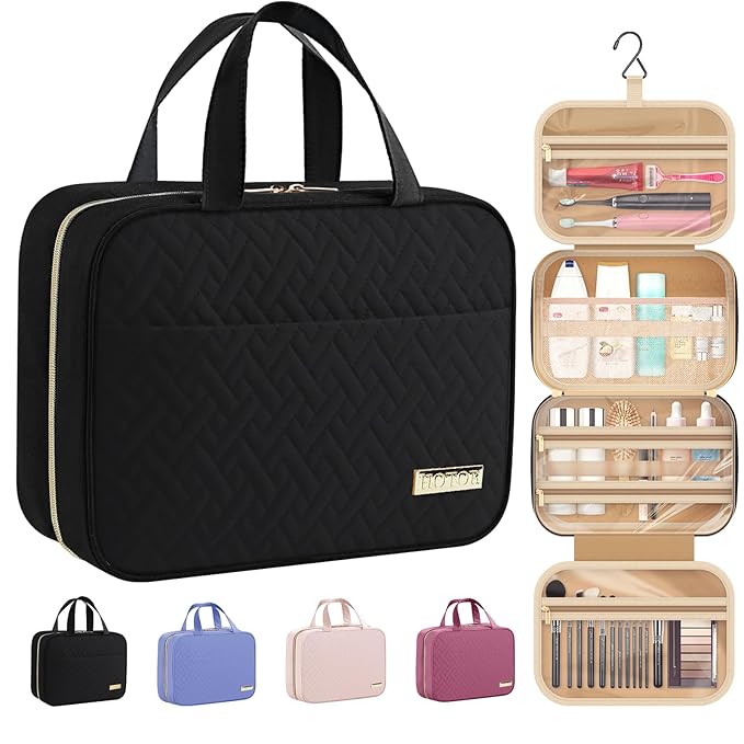 HOTOR Travel Toiletry Bag w/Hanging Hook - Spacious Toiletry Bag Essentials for Women & Men, Makeup Bag/Big Comparment, Waterproof for Travel Accessories, Medium, Black