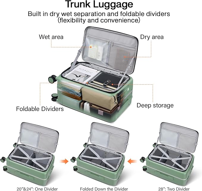 Hanke 20 Inch Carry On Luggage with Cup Holder and Charge,Top Opening Hard Shell Suitcases with Wheels and Dividers,Aluminum Frame Trunk Luggage Small Suitcase with Lock for Travel,Forest Green