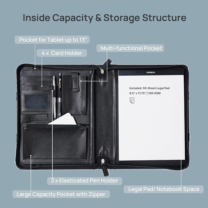 POPRUN Portfolio Binder with Zipper, Leather Padfolio Document Organizer with Storage, Professional Business Briefcase ideal for Meeting Presentation Work-Includes 50 Sheet Writing Pad, Black