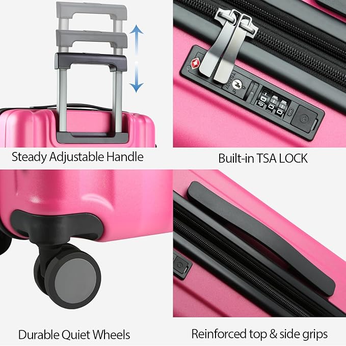 KROSER Hardside Expandable Carry On Luggage with Spinner Wheels & Built-in TSA Lock, Durable Suitcase Rolling Luggage with USB Port, Carry-On 20-Inch, Magenta