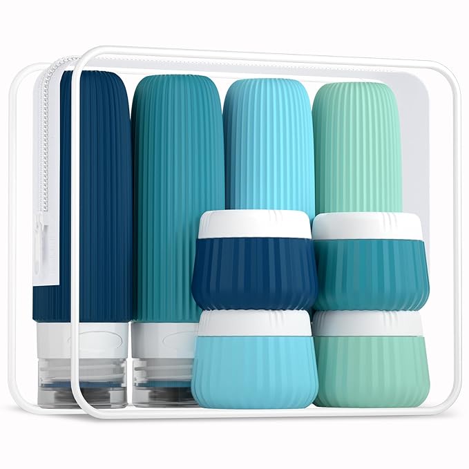 Travel Bottles for Toiletries 8 Pack, Tsa Approved Travel Size Toiletries 3 oz, Containers for Toiletries, with Clear Bag, Leak Proof Silicone Squeezable Essentials Creams Jars