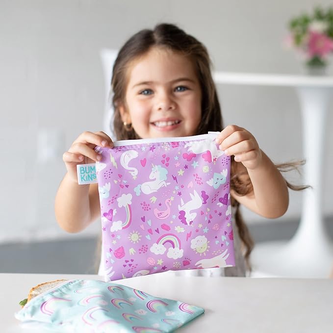 Bumkins Reusable Sandwich and Snack Bags, for Kids School Lunch and for Adults Portion, Washable Fabric, Waterproof Cloth Zip Bag, Travel Pouch, Food-Safe, Large 2-pk Unicorns and Rainbows