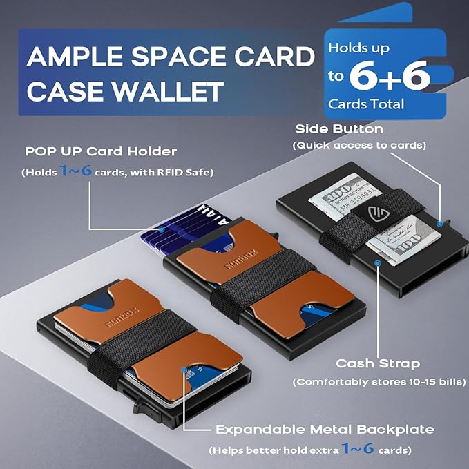 Mens Business Card Holder, Slim Card Wallet for Men and Women, Minimalist RFID Blocking Wallet with Pop-Up Function, Thin Design, Metal Cases Holds 6+6 Cards, Gifts for Men, Men's Accessories