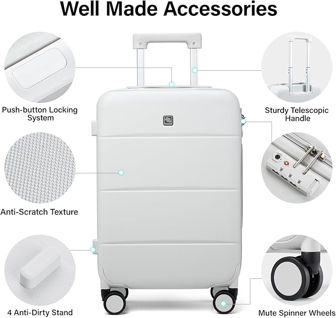 Hanke 20 Inch Carry On Luggage 22x14x9 Airline Approved PC Hard Shell Suitcases with Wheels TSA Luggage for Women Men Lightweight Travel Luggage(Smoke White)