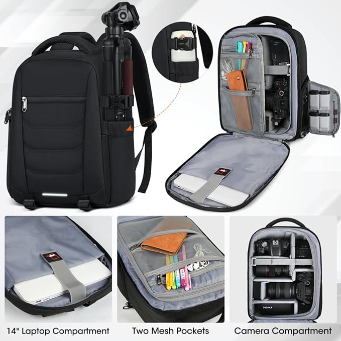 SDYSM Camera Bag Backpack Professional for DSLR SLR Mirrorless Camera Waterproof Laptop Back Pack 14 Inch with Rain Cover Anti Theft Travel Case Large Capacity Photography Backpack Black