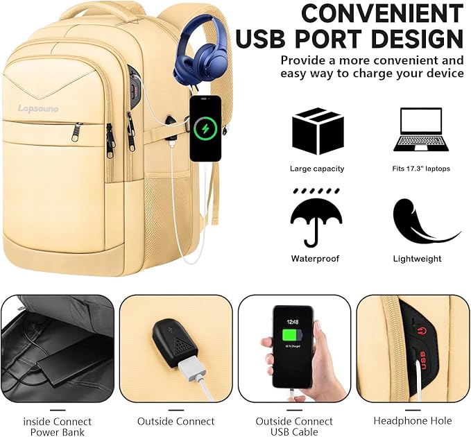 Lapsouno Extra Large Backpack, Laptop Backpack, Carry on Backpack, Sturdy 17 Inch TSA Friendly with USB Port, College School Bag Gifts for Men Women, Light Yellow