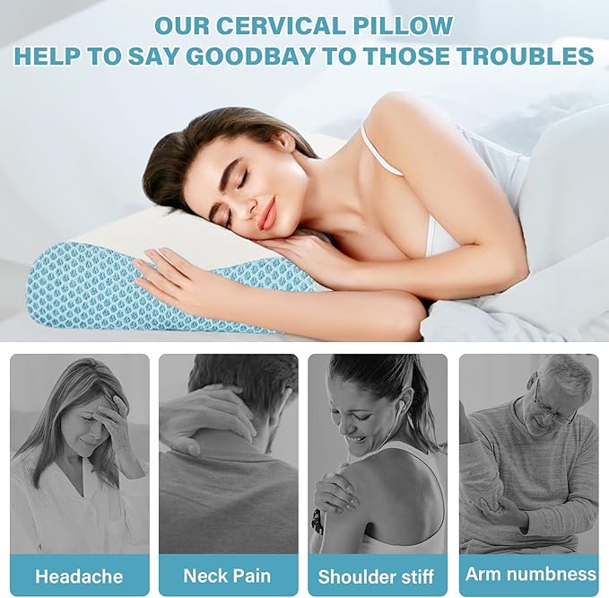Memory Foam Cooling Bed Pillows for Sleeping, Ergonomic Cervical Pillow for Neck and Shoulder Pain Relief, Adjustable Cold Pillow with Pillowcase,Blue