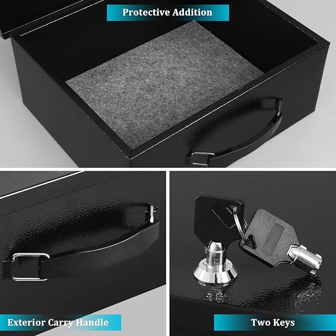 Dalmbox Portable Metal Safe Box with Key Lock - Fire Resistant Storage for Documents, Car, Home and Outside - X Large 13.2"x 11"x 5.1" Black Box
