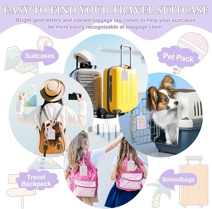 Personalized Initial Luggage Tags for Suitcase, Purple Leather Cute Luggage Tags with Privacy Cover Name Card, Embroidered Custom Monogrammed Luggage Tag Travel Backpack Tags Gifts for Women Kids(E)