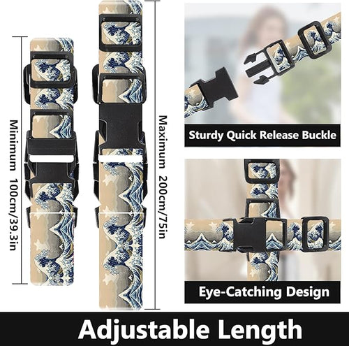 2 Pack Luggage Straps for Suitcases Adjustable Luggage Belt TSA Approved, Bright Colors Travel Packing Straps with Quick Release Buckle Unique Nylon for Sleeping Bag Car Seat, Wave