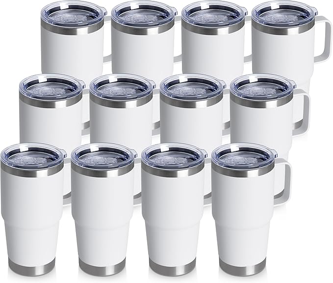 HASLE OUTFITTERS 20oz Tumbler Bulk with Lid, Stainless Steel Tumbler Bulk with Handle, Metal Insulated Travel Coffee Mug Set with Handle, Double Wall Vacuum Leak Proof Tumbler Cup, White 12 Pack