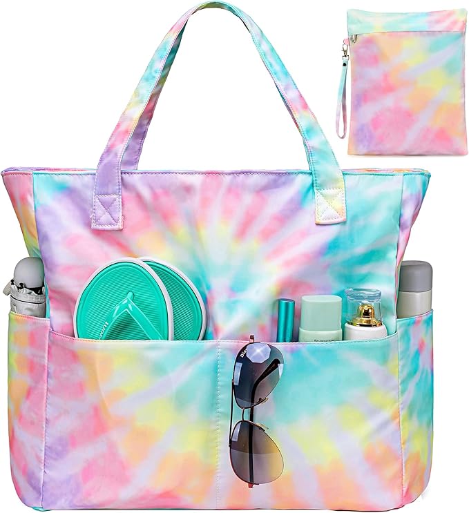 CAMTOP Waterproof Beach Tote Bag for Women Girls with Zipper Foldable Sandproof Pool Swim Bag Travel Carry On Gym